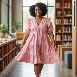 Simply Southern Pink RicRac Poplin Ruffle Sleeve Dress Sz L